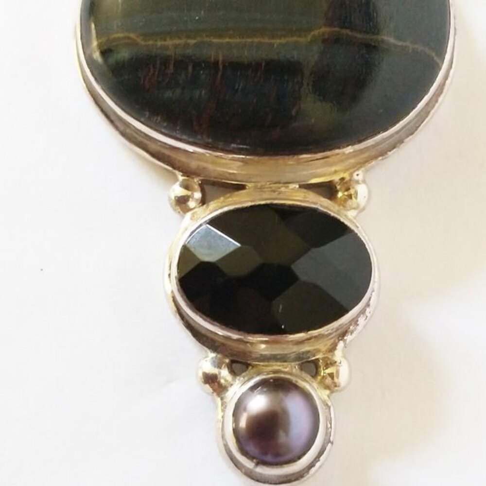 Vintage Sterling Silver 925 Large Pendant Stone Onyx Pearl Triple Drop Statement - Picture 3 of 12